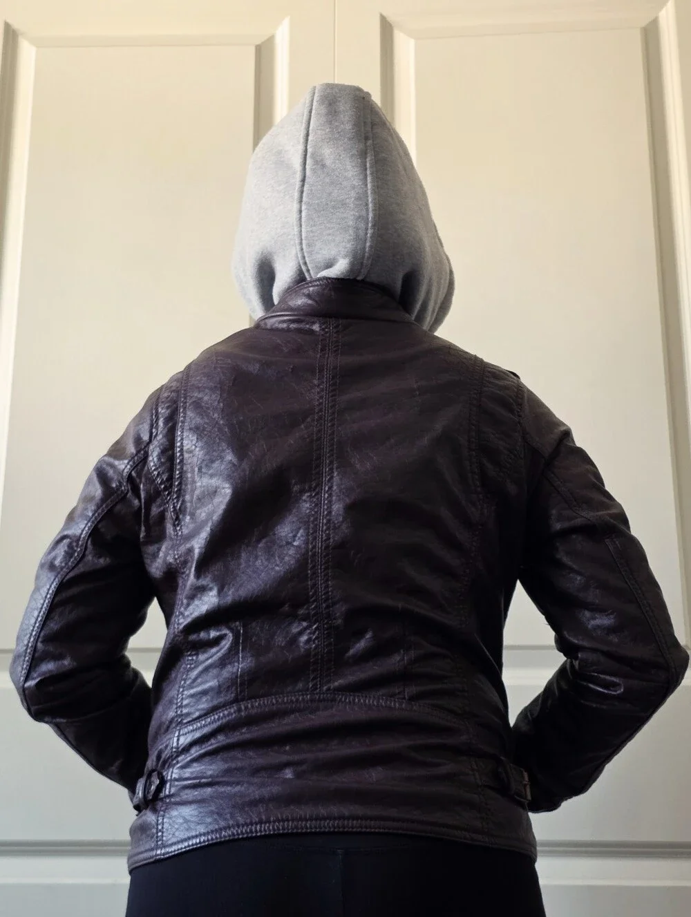 J2: Brown Faux Leather Hooded Moto Jacket & Removable Fleece Insert